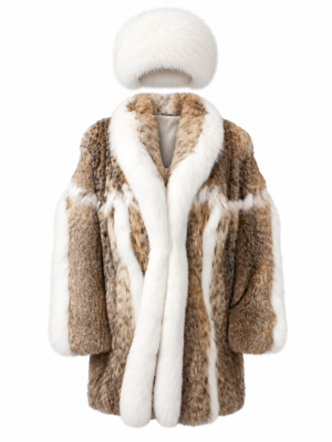 Luxury Natural Lynx Fur Coat with Custom Matching White Fur Hat 
