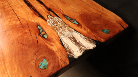 One of a Kind Gemstone-Inlaid Juniper Table