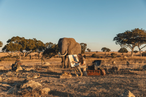 Plein Air Elephant Oil Painting titled 'Giants Among Us' by Banovich Fine Art Gallery